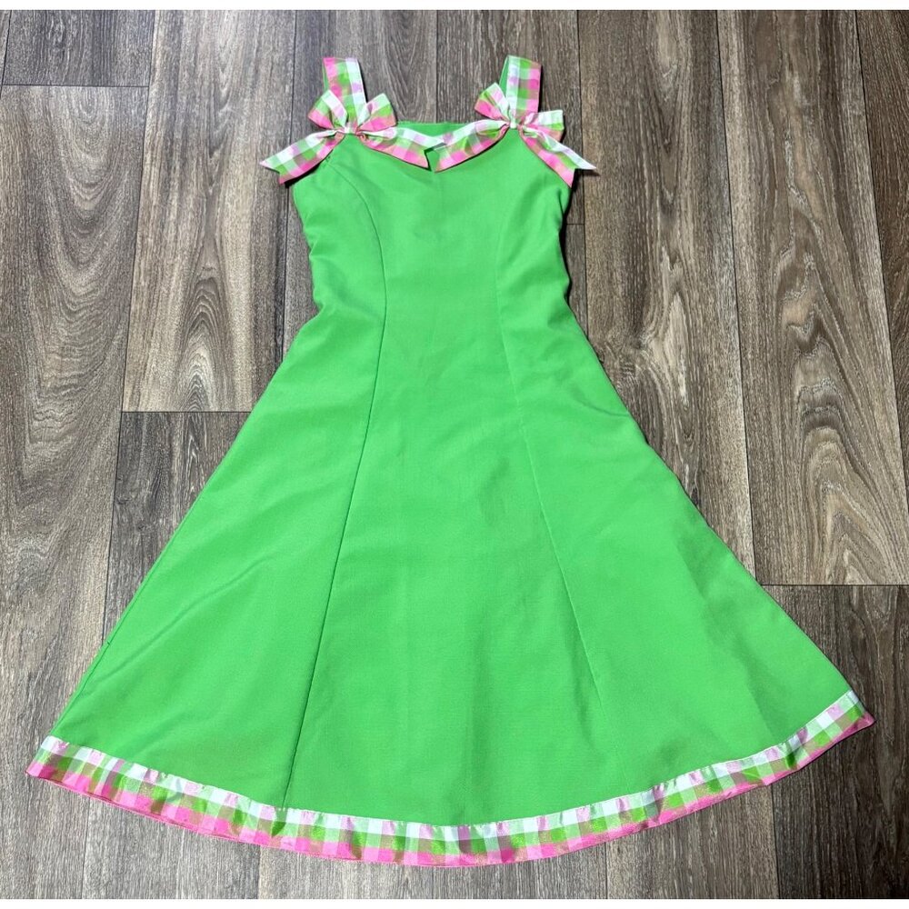 BONNIE JEAN GIRLS SLEEVELESS TULL DRESS SIZE 7 GRENN CHECKED BOWS COLORFUL